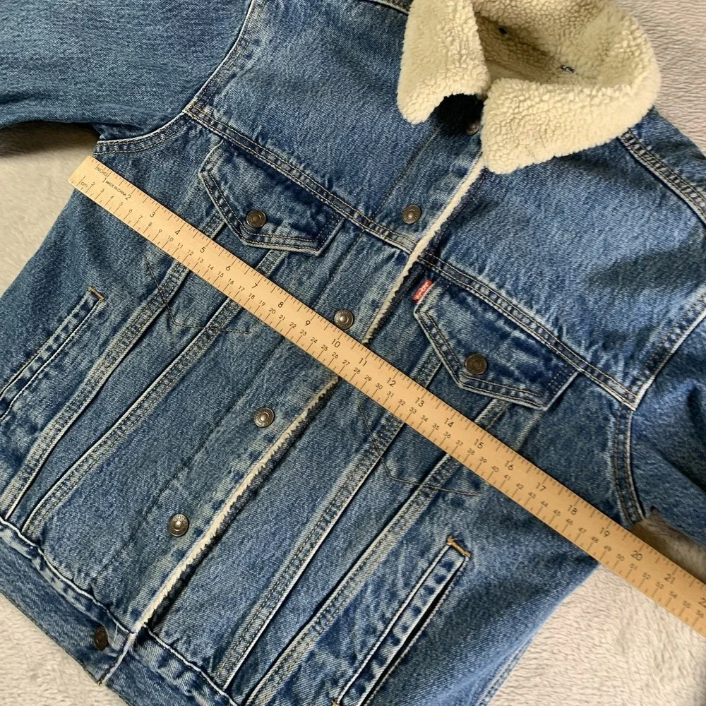 Levis Denim‎ Jacket Premium Mens Small Blue Denim Sherpa Lined Snap Button Big E